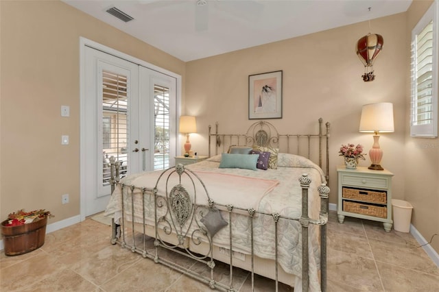 bedroom with french doors, ceiling fan, and access to exterior