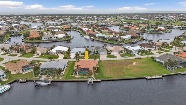 drone / aerial view featuring a water view