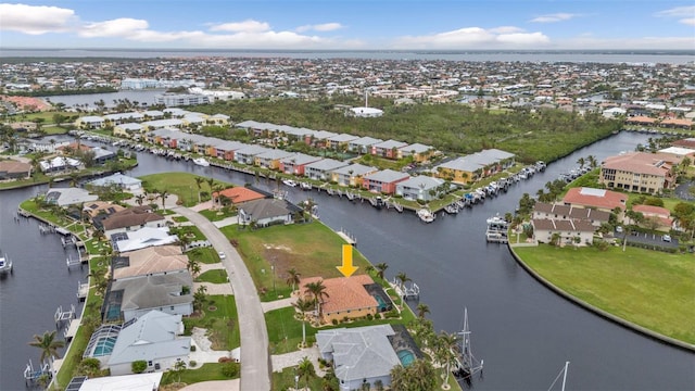 drone / aerial view featuring a water view