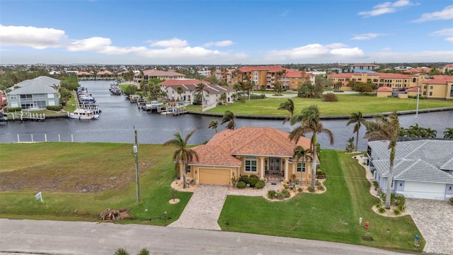 aerial view featuring a water view