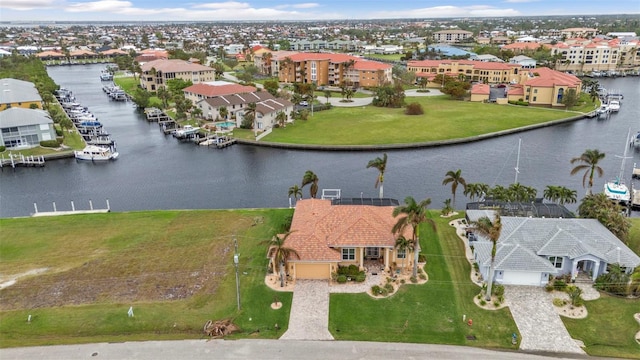 drone / aerial view with a water view