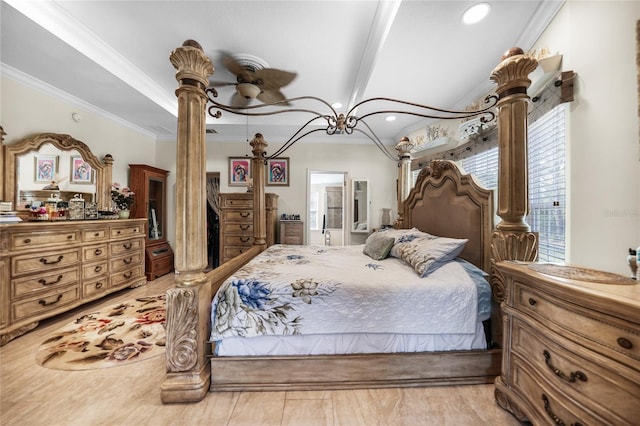 bedroom featuring ceiling fan, connected bathroom, and crown molding