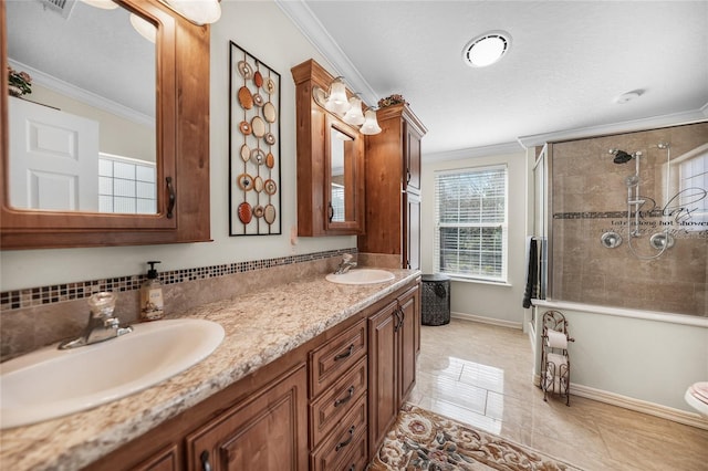 bathroom featuring crown molding, vanity, a textured ceiling, an enclosed shower, and tile patterned flooring