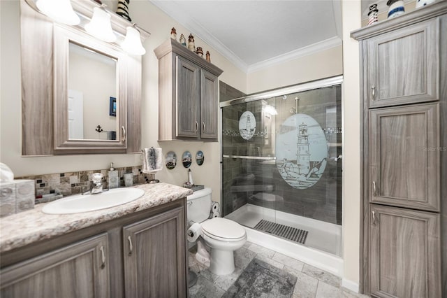 bathroom with toilet, an enclosed shower, vanity, and crown molding