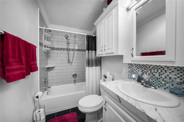 full bathroom with shower / bath combo, tile patterned flooring, a textured ceiling, tasteful backsplash, and crown molding