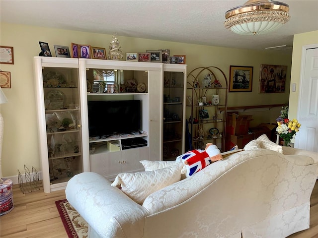 living room featuring light hardwood / wood-style flooring and a textured ceiling