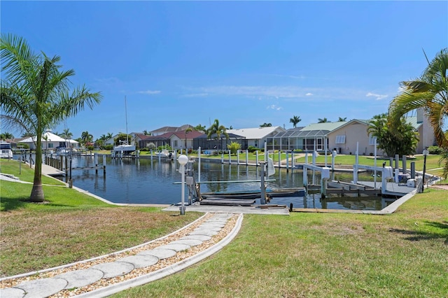 dock area with glass enclosure, a water view, and a yard