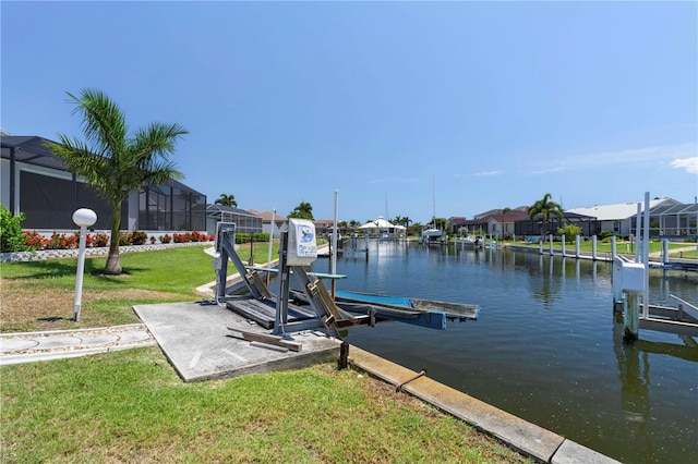 view of dock featuring glass enclosure, a water view, and a yard