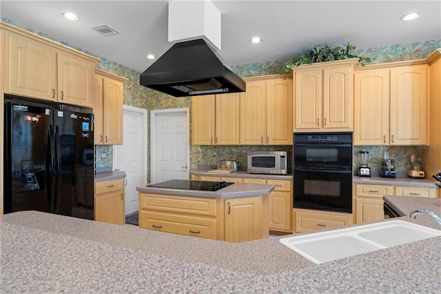 kitchen featuring light brown cabinets, island exhaust hood, black appliances, and a center island