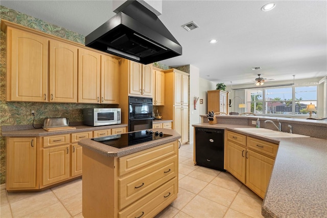 kitchen with sink, black appliances, light brown cabinets, a kitchen island, and island exhaust hood