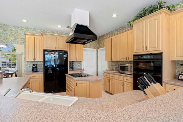 kitchen with island range hood, a center island, black appliances, sink, and light brown cabinetry