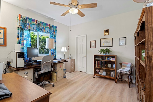 office space with light wood-type flooring and ceiling fan