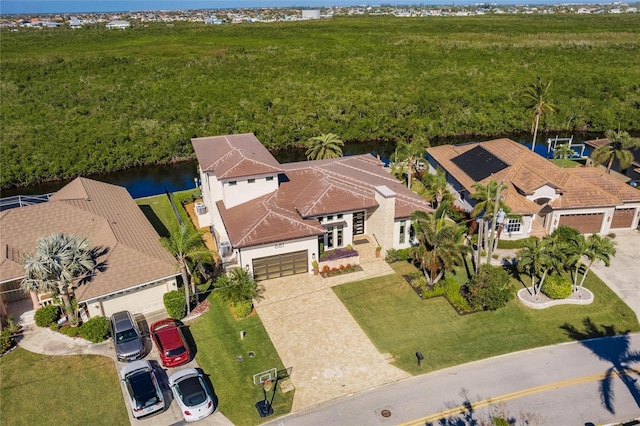 drone / aerial view with a water view