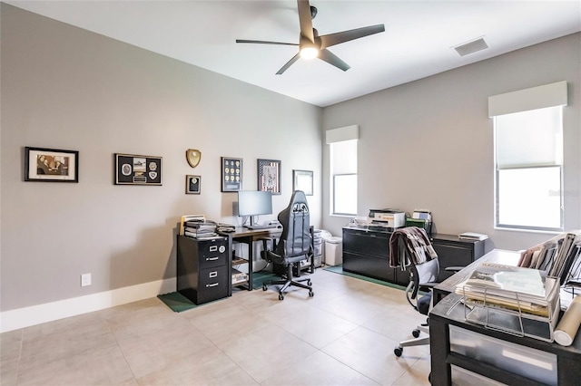 office featuring ceiling fan and a wealth of natural light