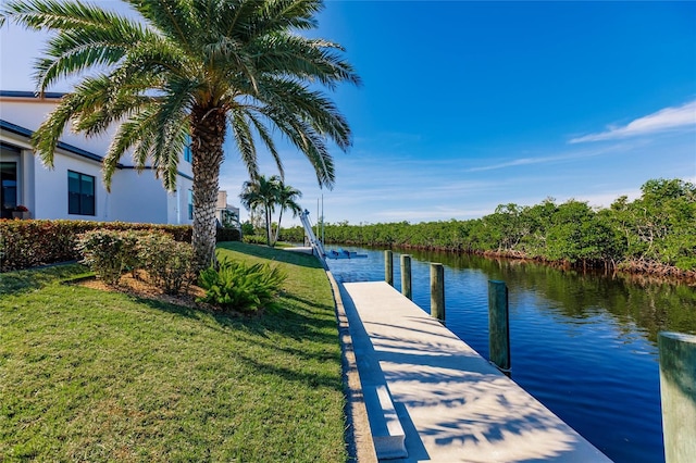 view of dock with a water view and a lawn