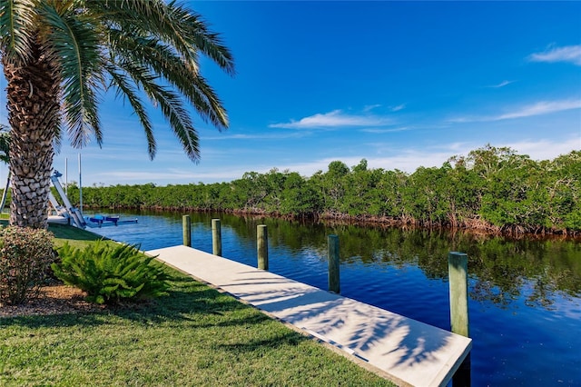 view of dock featuring a water view and a yard