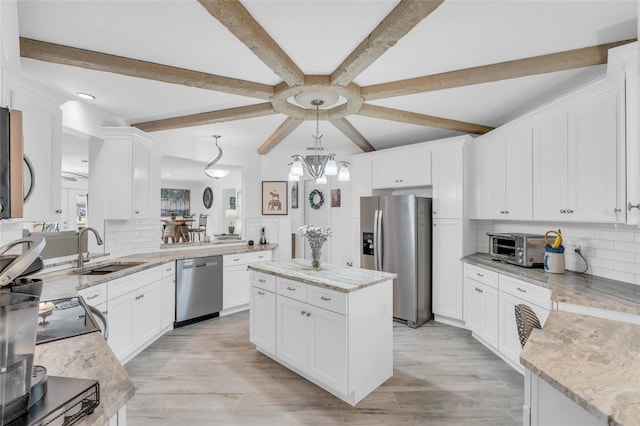 kitchen with sink, a center island, tasteful backsplash, beamed ceiling, and appliances with stainless steel finishes