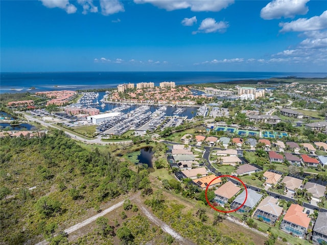 drone / aerial view with a water view