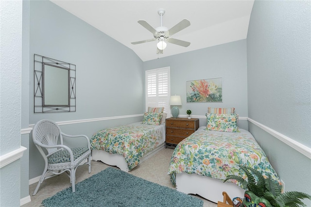 bedroom with ceiling fan and lofted ceiling