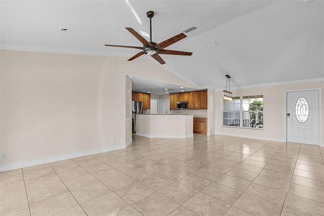 unfurnished living room with crown molding, ceiling fan, lofted ceiling, and light tile patterned flooring