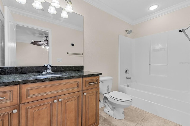 full bathroom with tile patterned floors, ornamental molding, shower / washtub combination, ceiling fan, and toilet