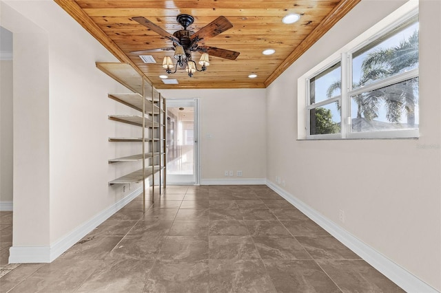 spare room with ceiling fan and wood ceiling