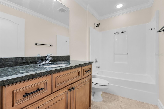 full bathroom with tile patterned floors, shower / bath combination, toilet, vanity, and ornamental molding