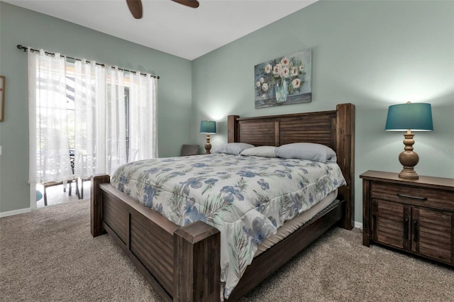 bedroom with ceiling fan and light colored carpet