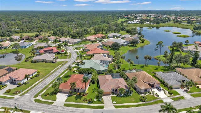 bird's eye view with a water view