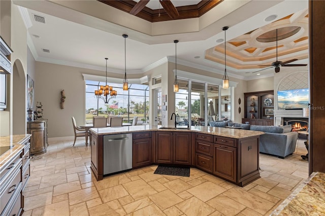 kitchen with decorative light fixtures, stainless steel dishwasher, and crown molding