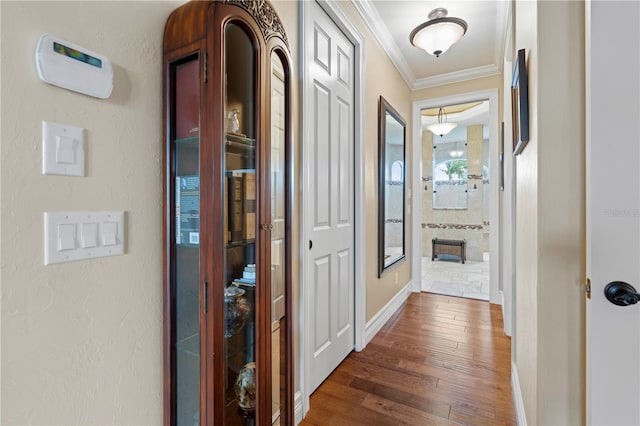 corridor with ornamental molding and dark hardwood / wood-style floors