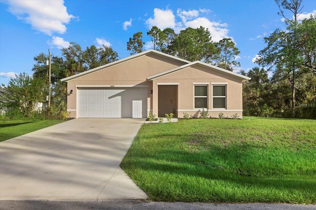 single story home with a garage and a front yard