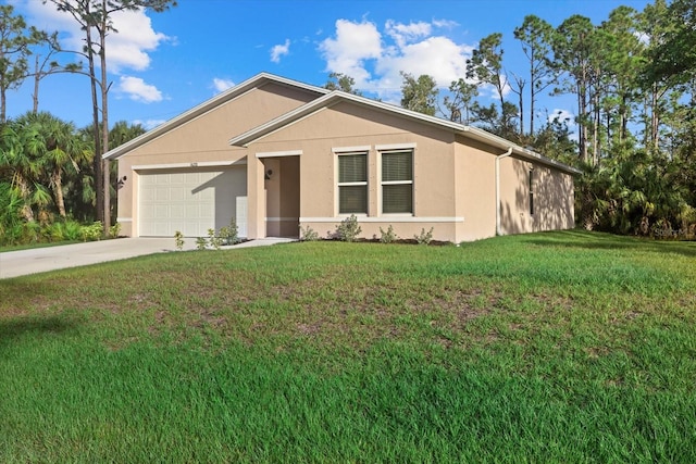 ranch-style house with a garage and a front yard