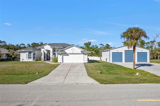 view of front of home featuring a detached garage and a front lawn