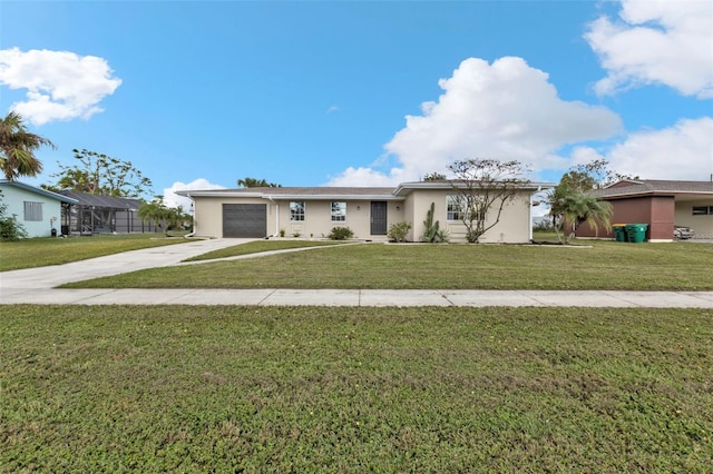 ranch-style home with a garage and a front yard