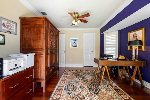 office space with dark hardwood / wood-style flooring, ceiling fan, and ornamental molding