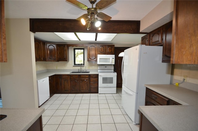 kitchen featuring dark brown cabinets, white appliances, backsplash, and sink