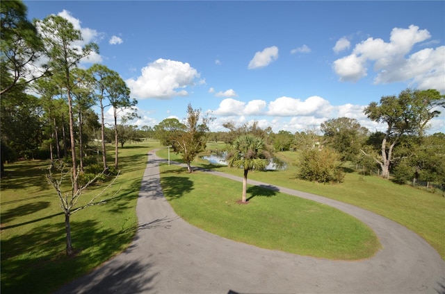 view of home's community with a lawn and a water view