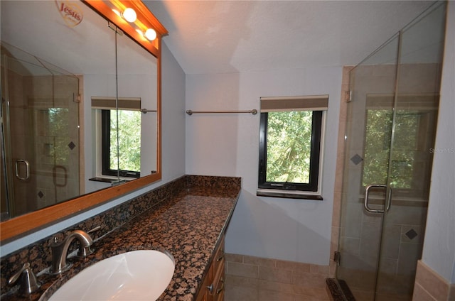 bathroom featuring vanity, a healthy amount of sunlight, and a shower with shower door