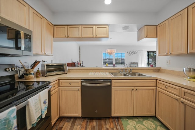 kitchen with dark hardwood / wood-style floors, light brown cabinets, sink, and stainless steel appliances