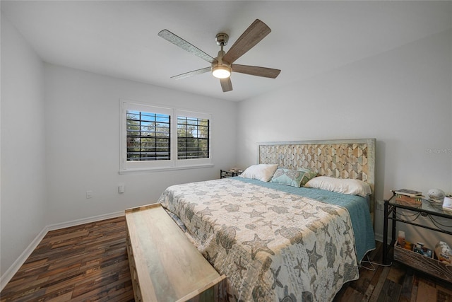 bedroom featuring ceiling fan and dark wood-type flooring