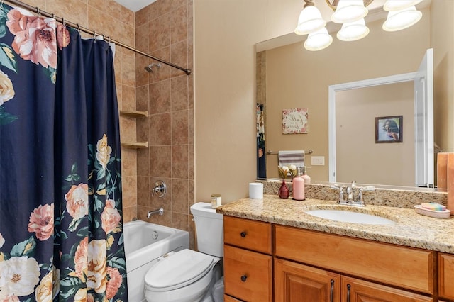 full bathroom featuring shower / tub combo with curtain, vanity, and toilet