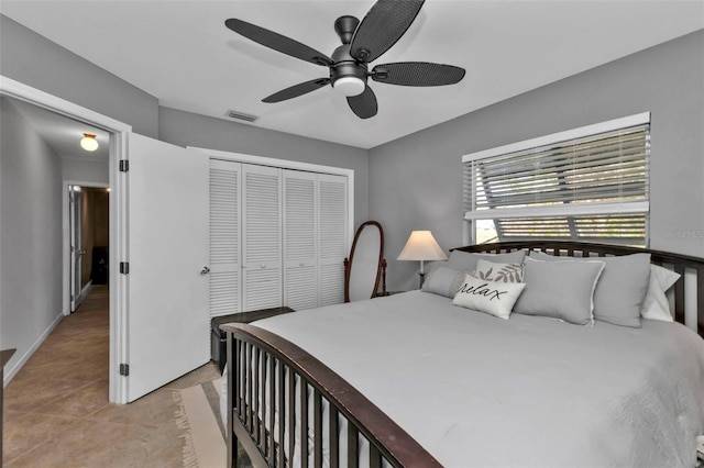 bedroom featuring light tile patterned floors, a closet, and ceiling fan