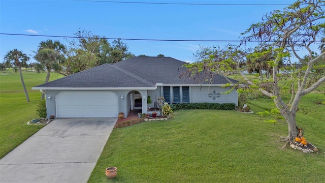 ranch-style house featuring a front lawn and a garage