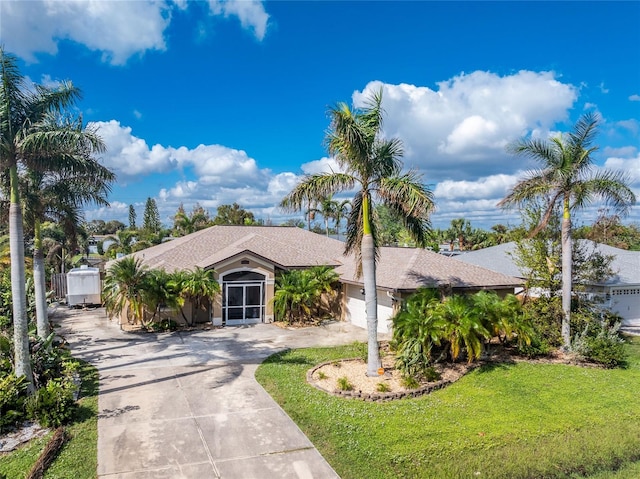 view of front of property with a front yard and a garage