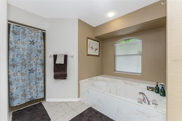 bathroom with tile patterned flooring and plus walk in shower