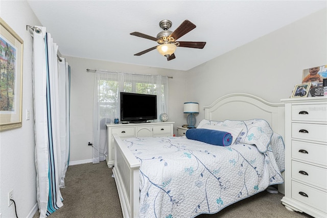 bedroom featuring ceiling fan and dark carpet