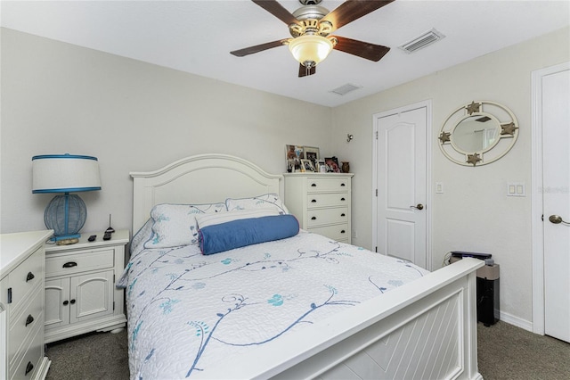 carpeted bedroom with ceiling fan