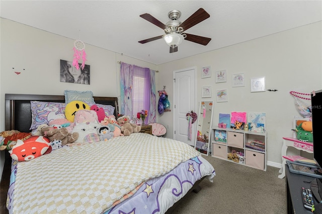 carpeted bedroom with ceiling fan