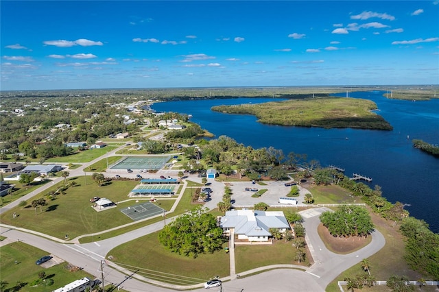 aerial view featuring a water view